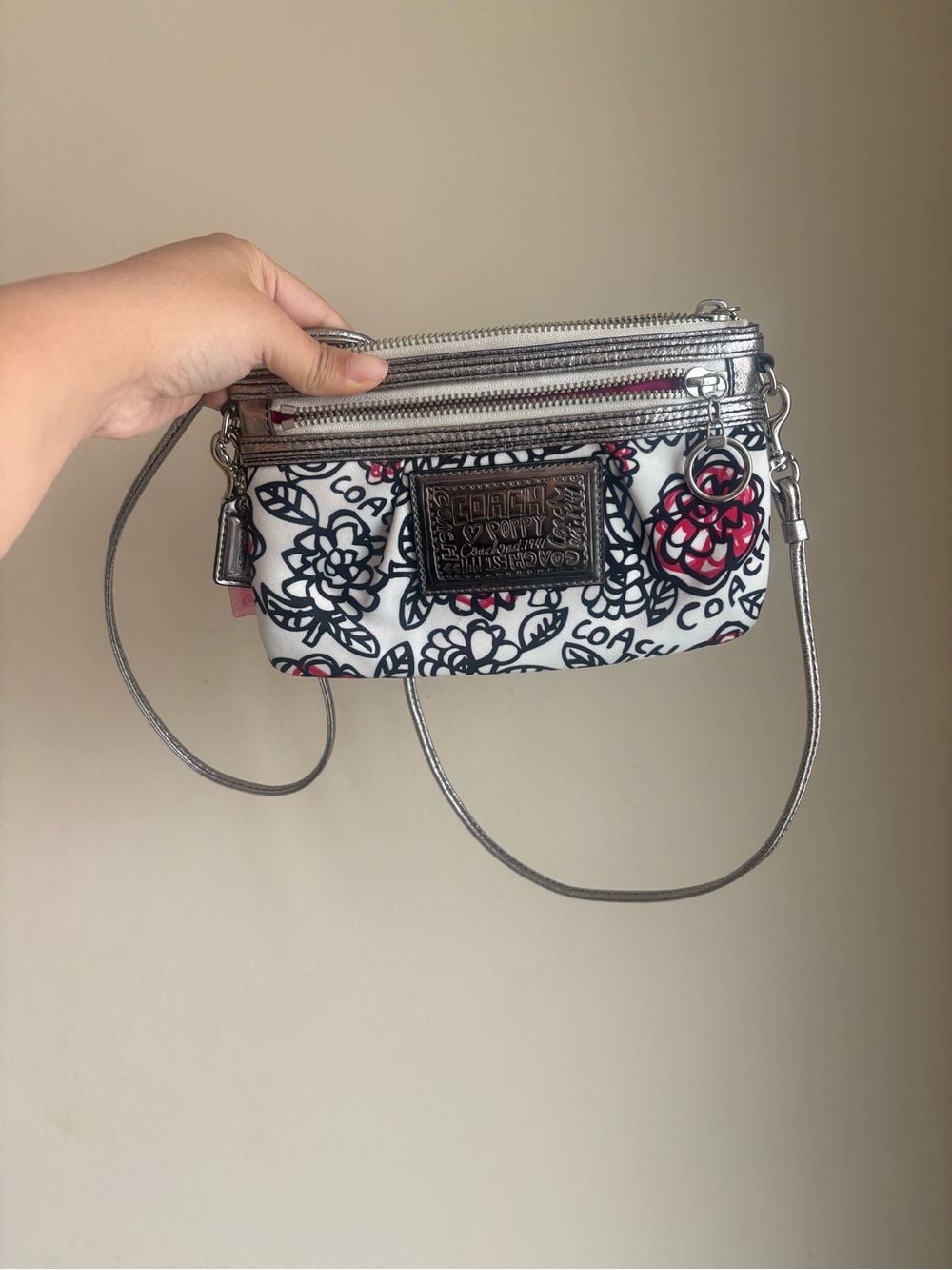 Coach White Floral Wristlet Crossbody with Silver Trim